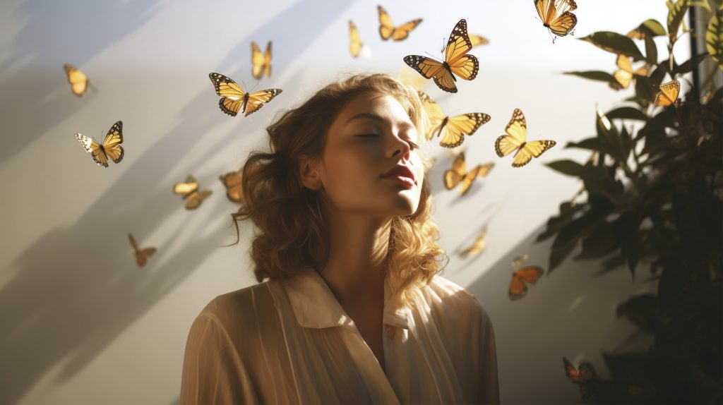 Mujer rodeada de mariposas como símbolo de transformación emocional y espiritual